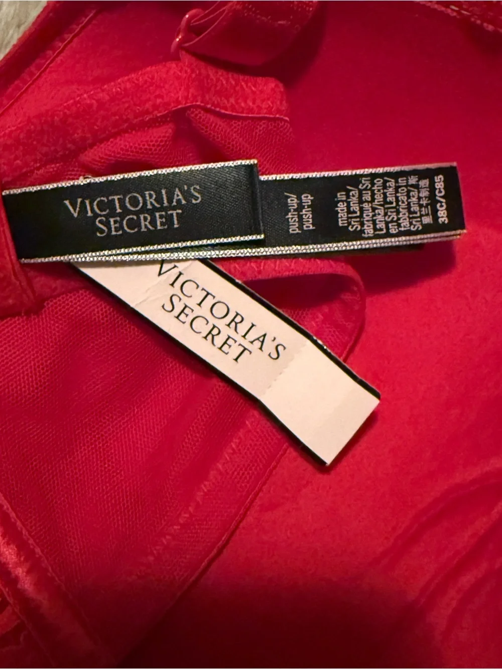 Victorias Secret Red Lace Push-Up Bra and Thing Set with Rhinestone Straps